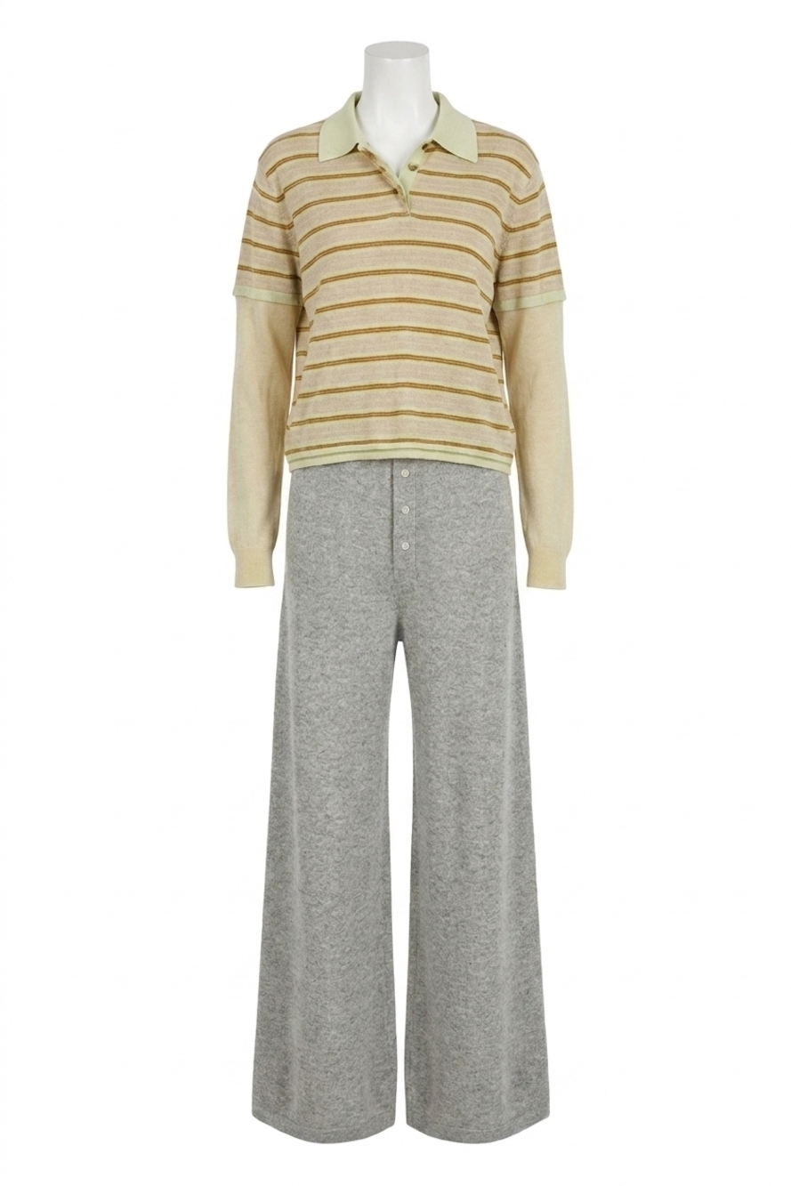 NEW GUEST IN RESIDENCE layered stripe rugby cashmere polo top in lime combo - Picture 1 of 4
